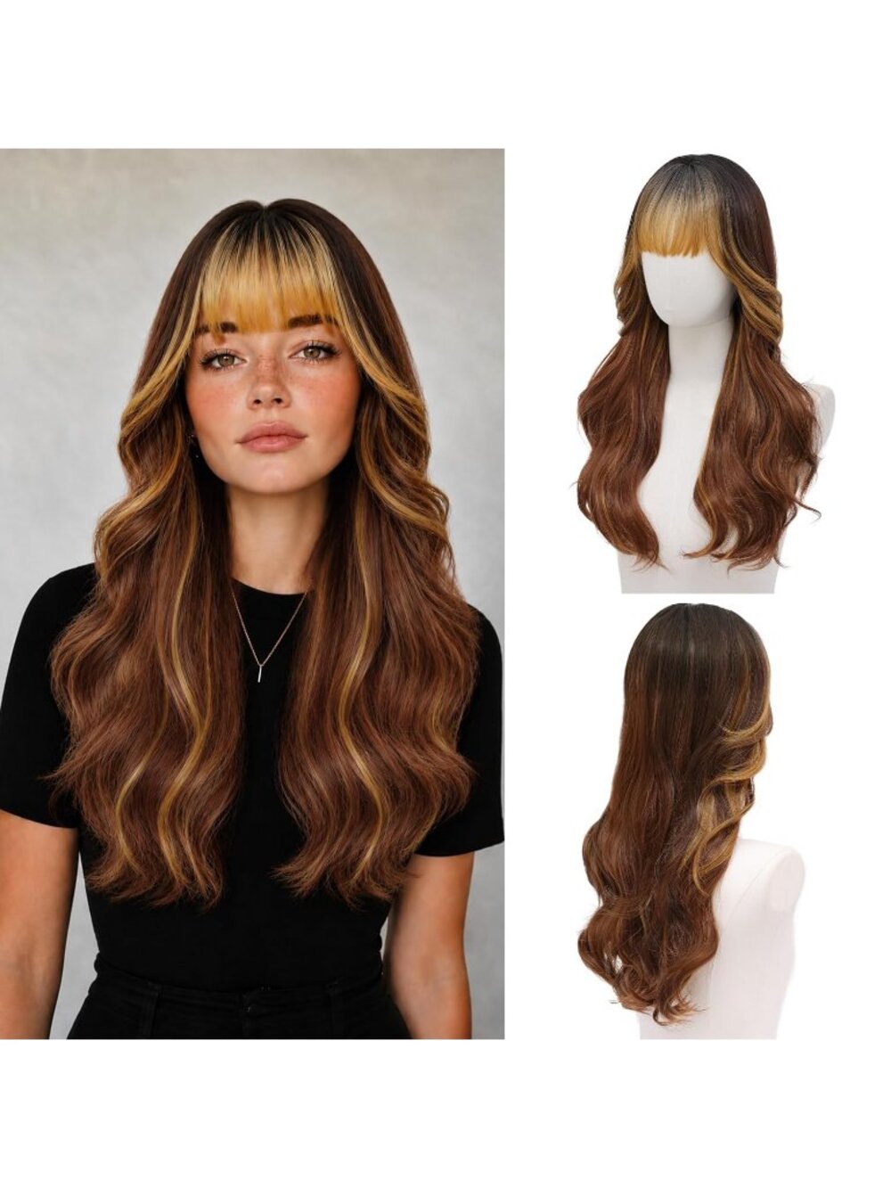 Women's Brown Highlight 24 Inch Long Wavy Heat Resistant Synthetic Hair Wig Bang